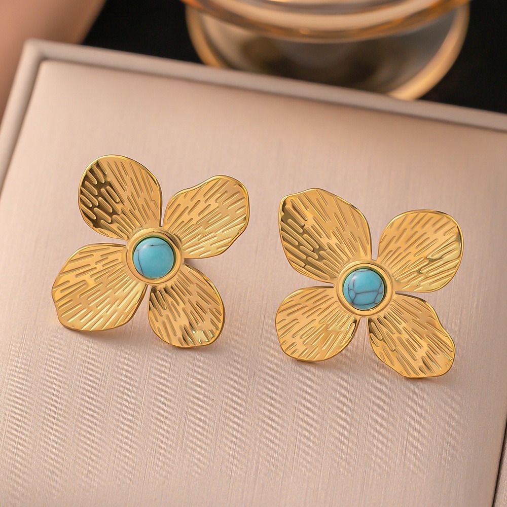 MYKI Gold Plated Blue Stone Floral Anti-Tarnish Stud Earrings (MKERCH935G-SSYI)