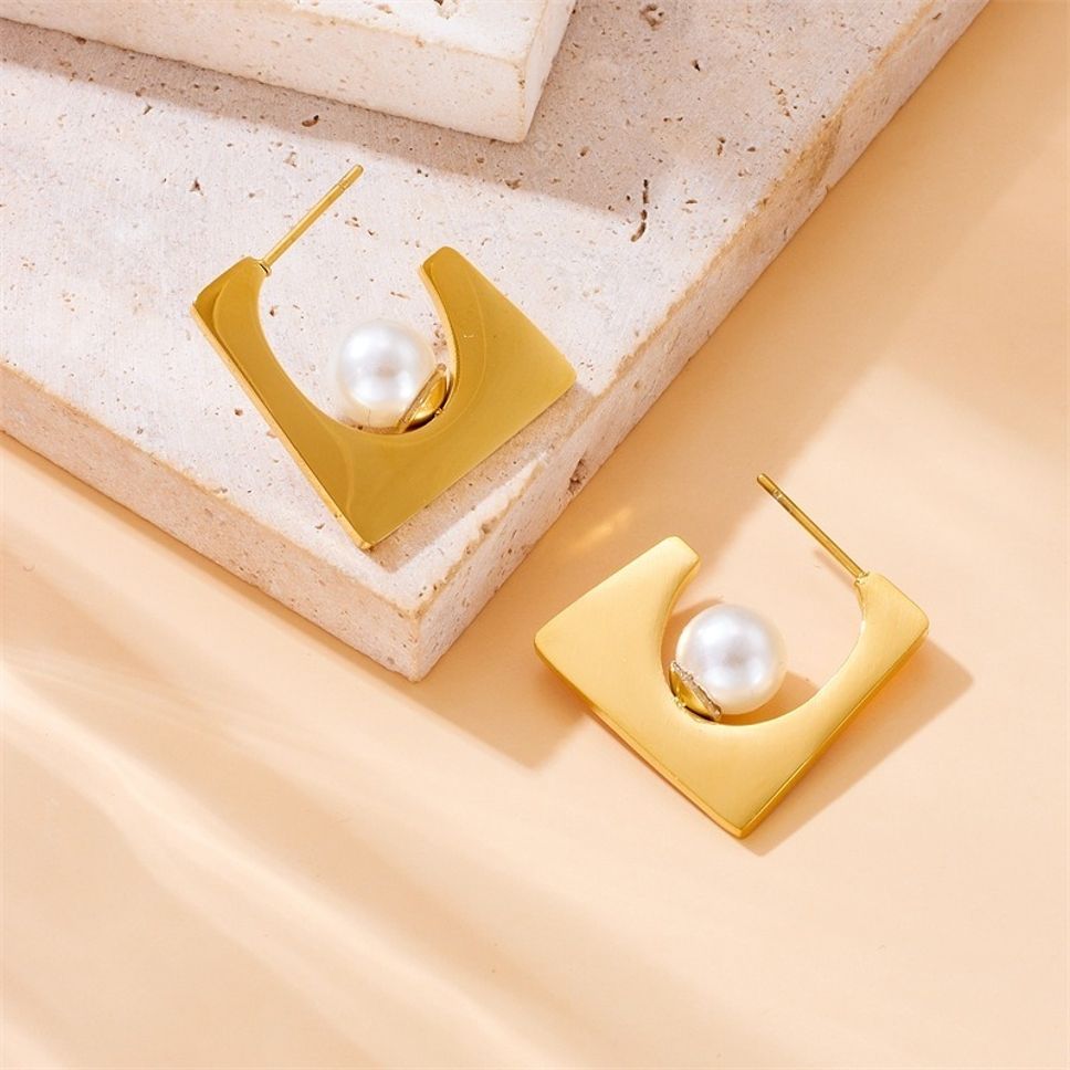 MYKI Gold Plated Geometric Pearl Anti-Tarnish Stud Earrings (MKERCH951G-SSYI)
