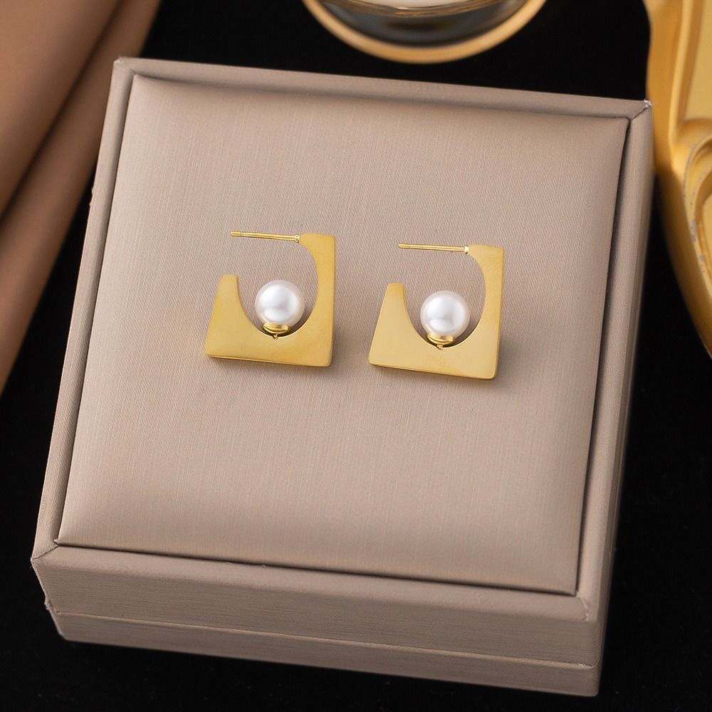 MYKI Gold Plated Geometric Pearl Anti-Tarnish Stud Earrings (MKERCH951G-SSYI)