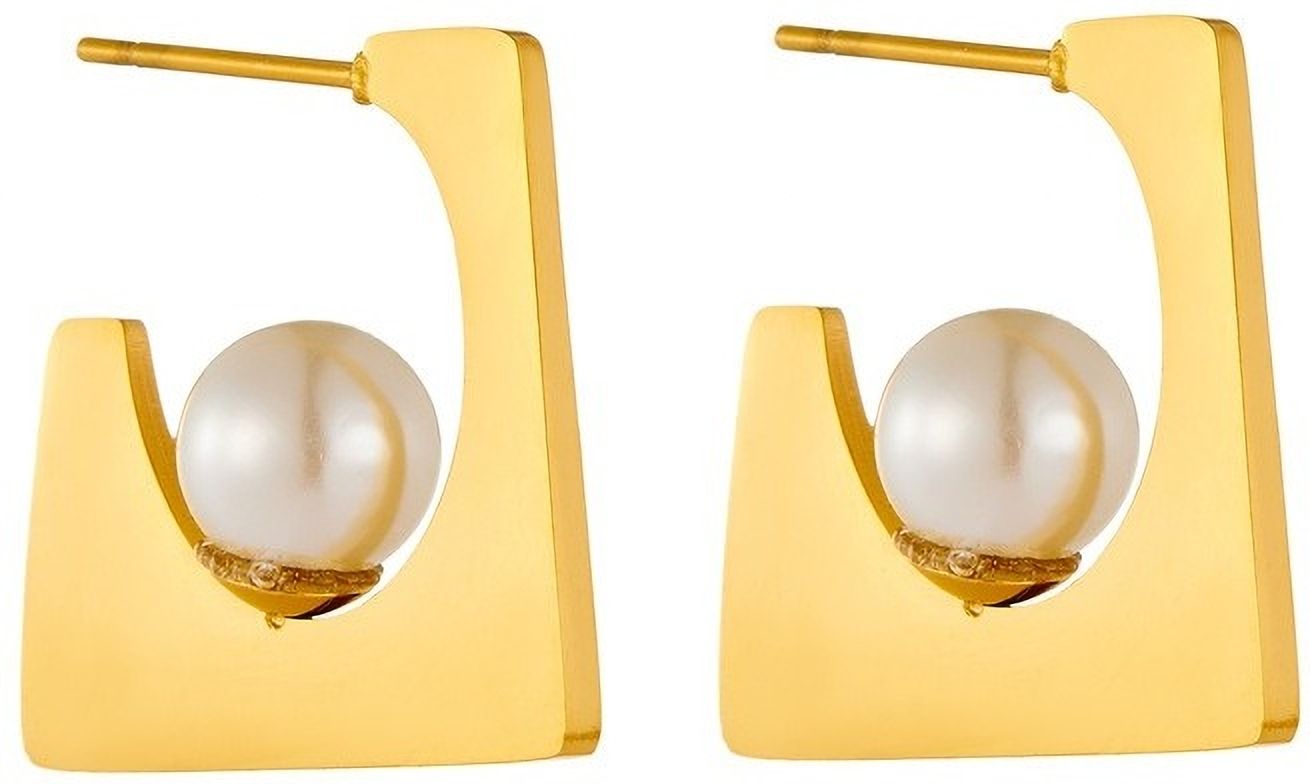 MYKI Gold Plated Geometric Pearl Anti-Tarnish Stud Earrings (MKERCH951G-SSYI)