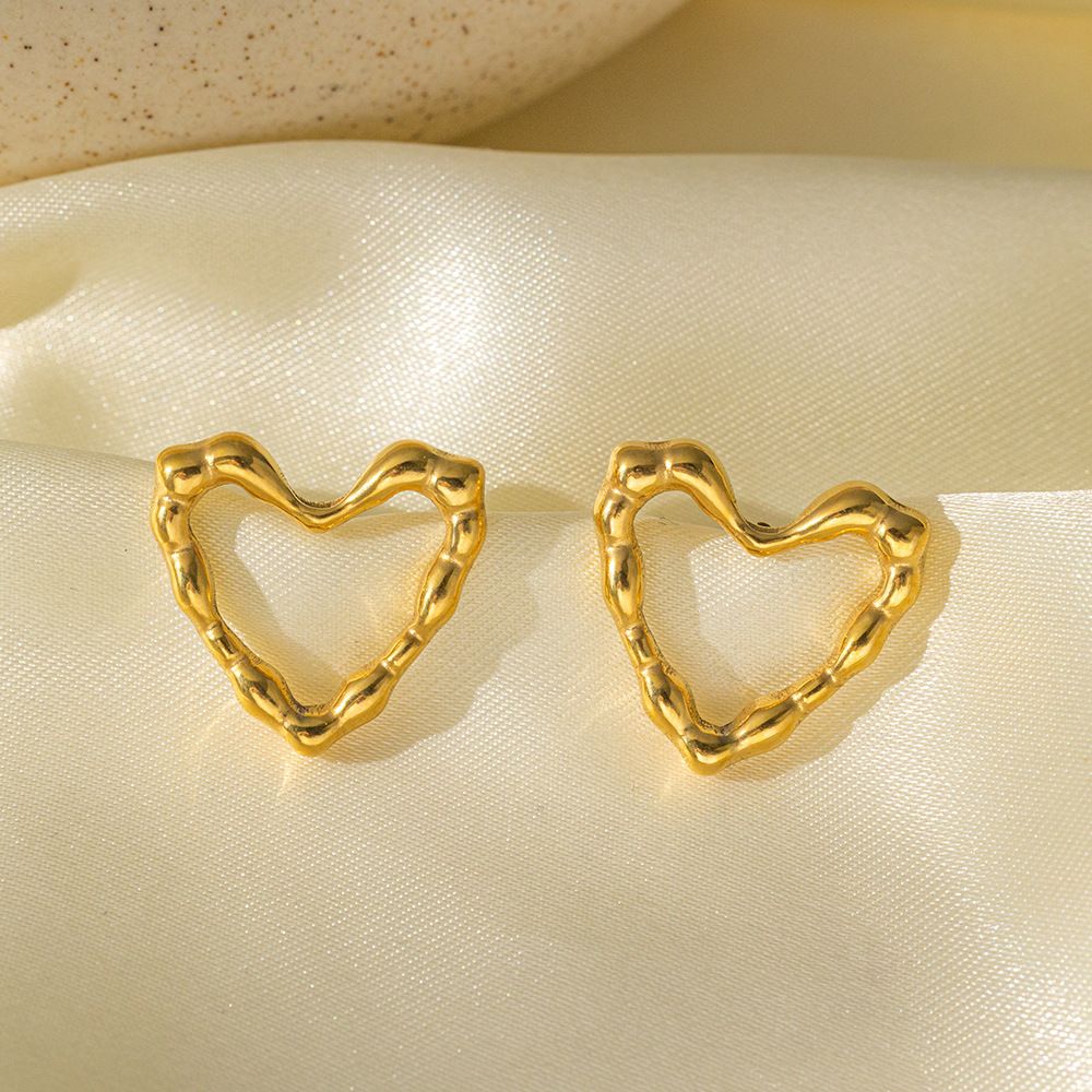 MYKI Gold Plated Bamboo Heart Anti-Tarnish Stud Earrings (MKERCH956G-SSYI)