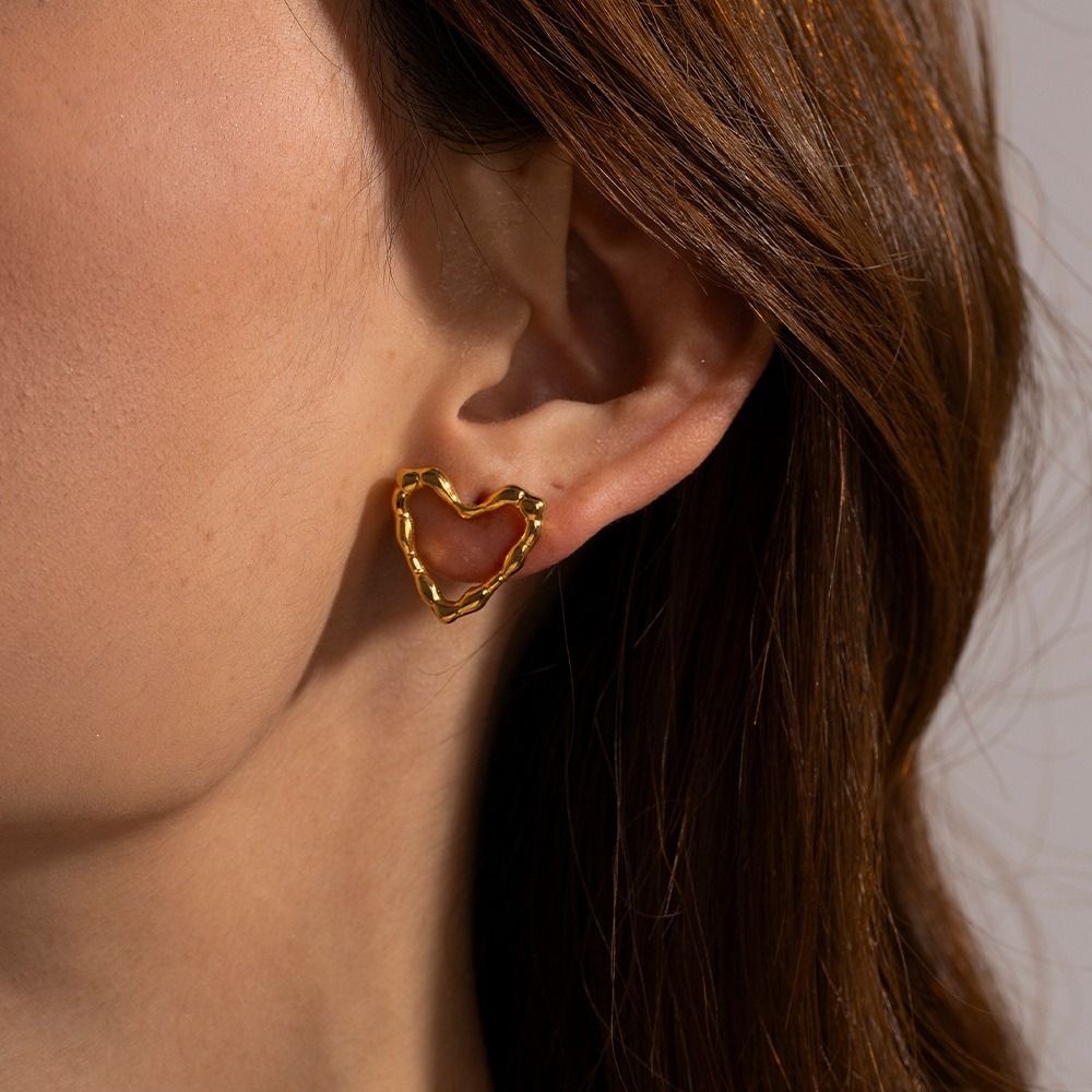 MYKI Gold Plated Bamboo Heart Anti-Tarnish Stud Earrings (MKERCH956G-SSYI)