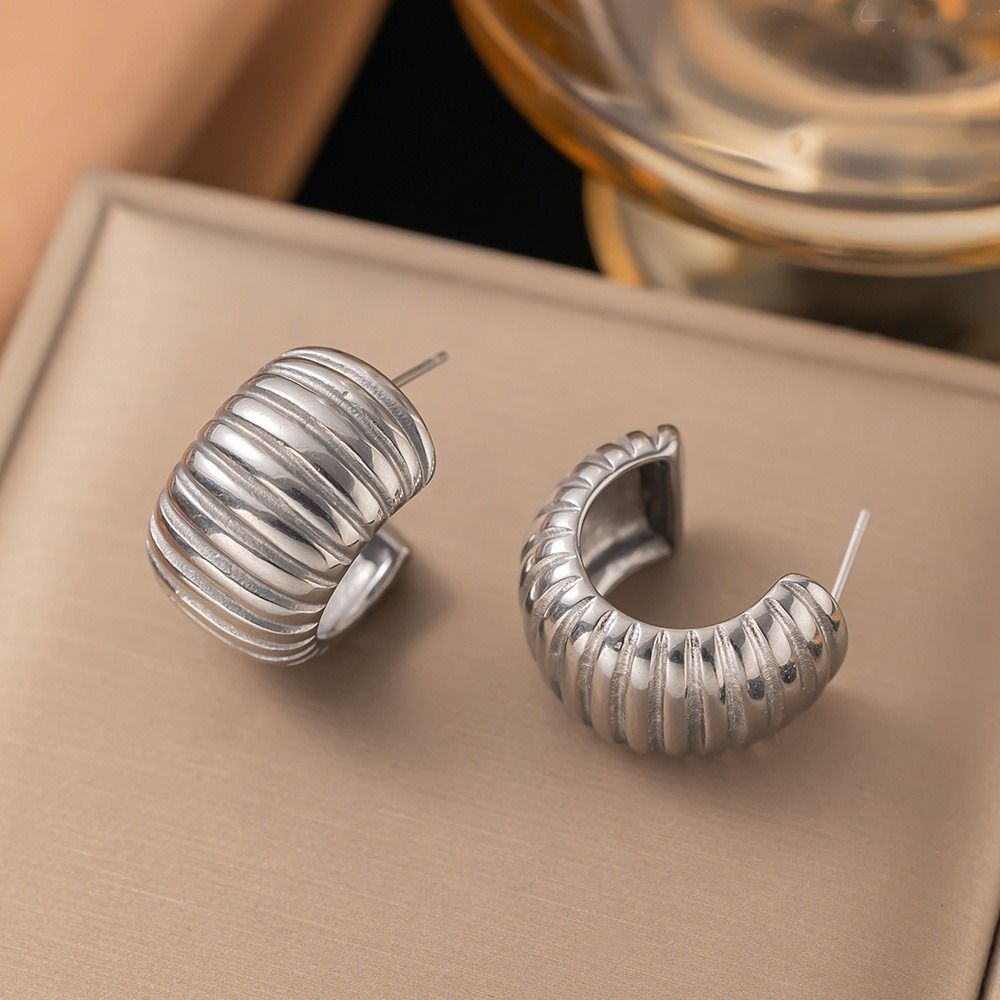 MYKI Silver Plated Ribbed Dome Anti-Tarnish Hoop Earrings (MKERCH959S-SSYI)