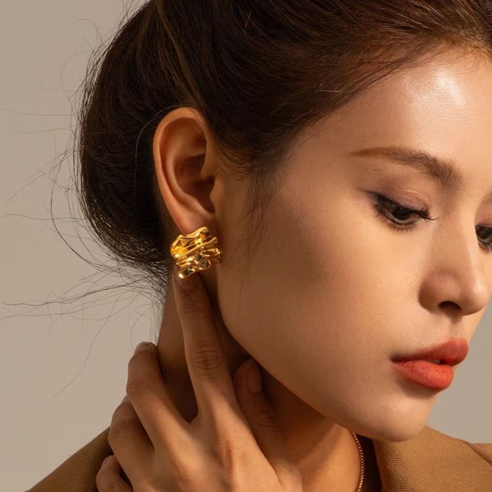 MYKI Gold Plated Ripple Wave Anti-Tarnish Stud Earrings (MKERCH960G-SSYI)