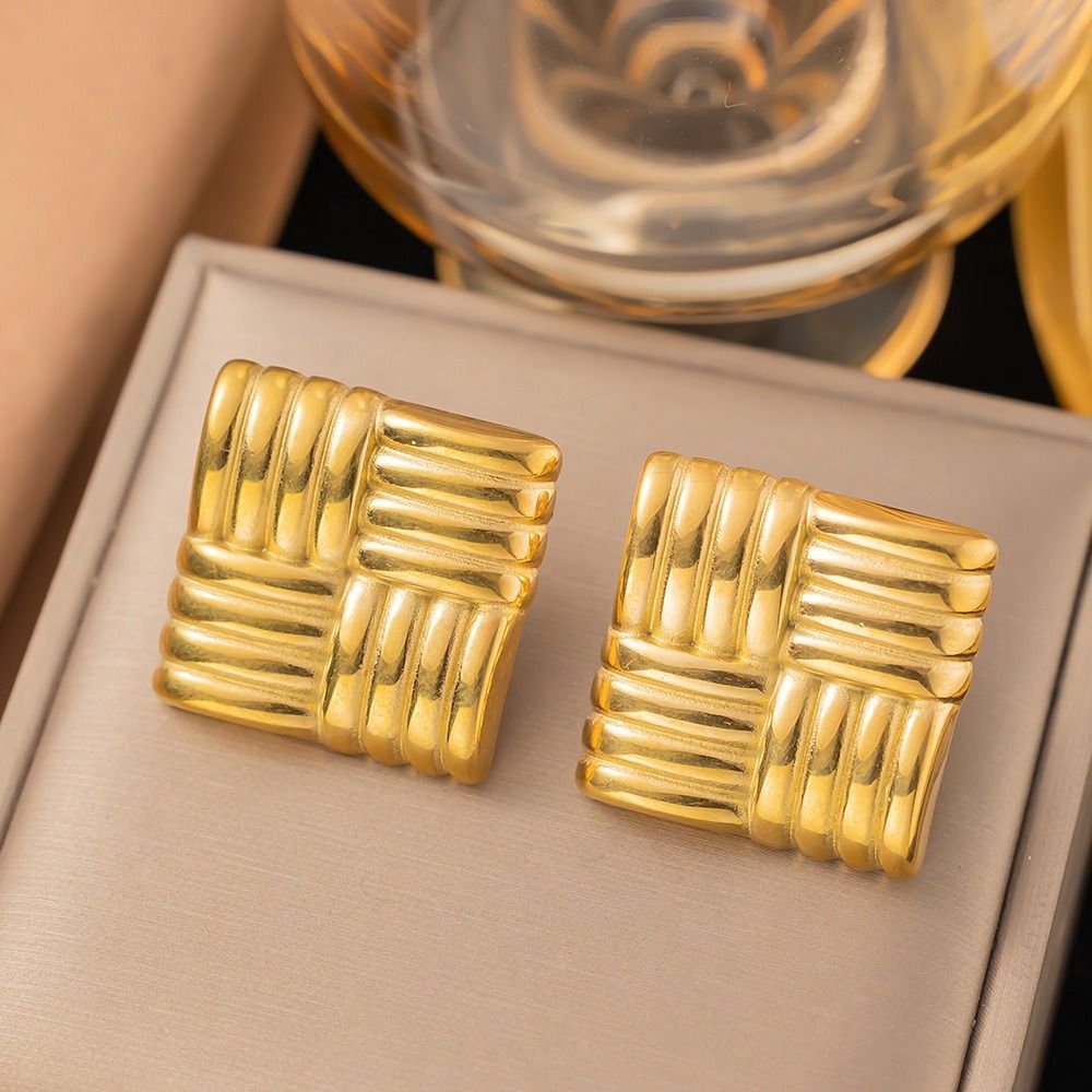 MYKI Gold Plated Ribbed Square Statement Earrings | Anti Tarnish (MKERCH986G-SSYI)