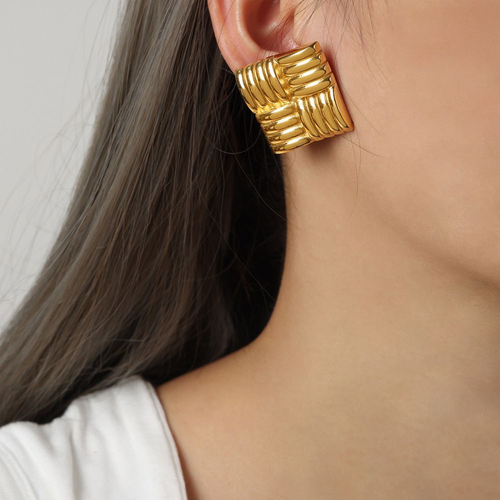 MYKI Ribbed Square Statement Earrings | Anti Tarnish (MKERCH986-SSYI)