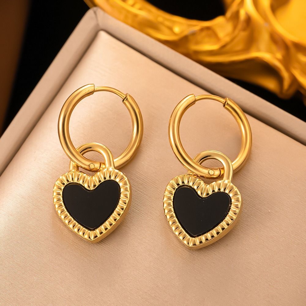 MYKI Gold Plated Black Heart Hoop Earrings | Anti Tarnish (MKERCH990G-BLACK-SSYI)