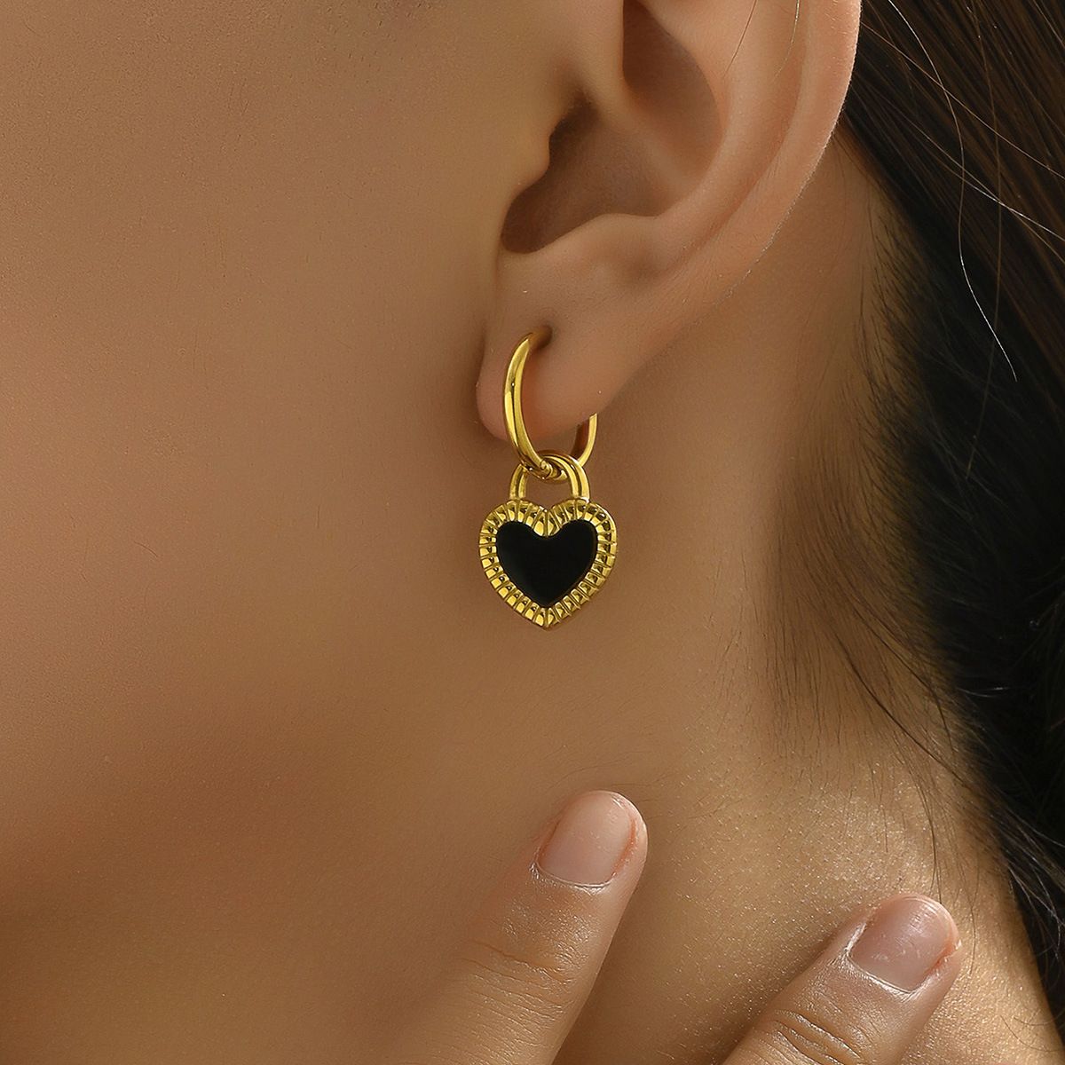 MYKI Black Heart Hoop Earrings | Anti Tarnish (MKERCH990-BLACK-SSYI)