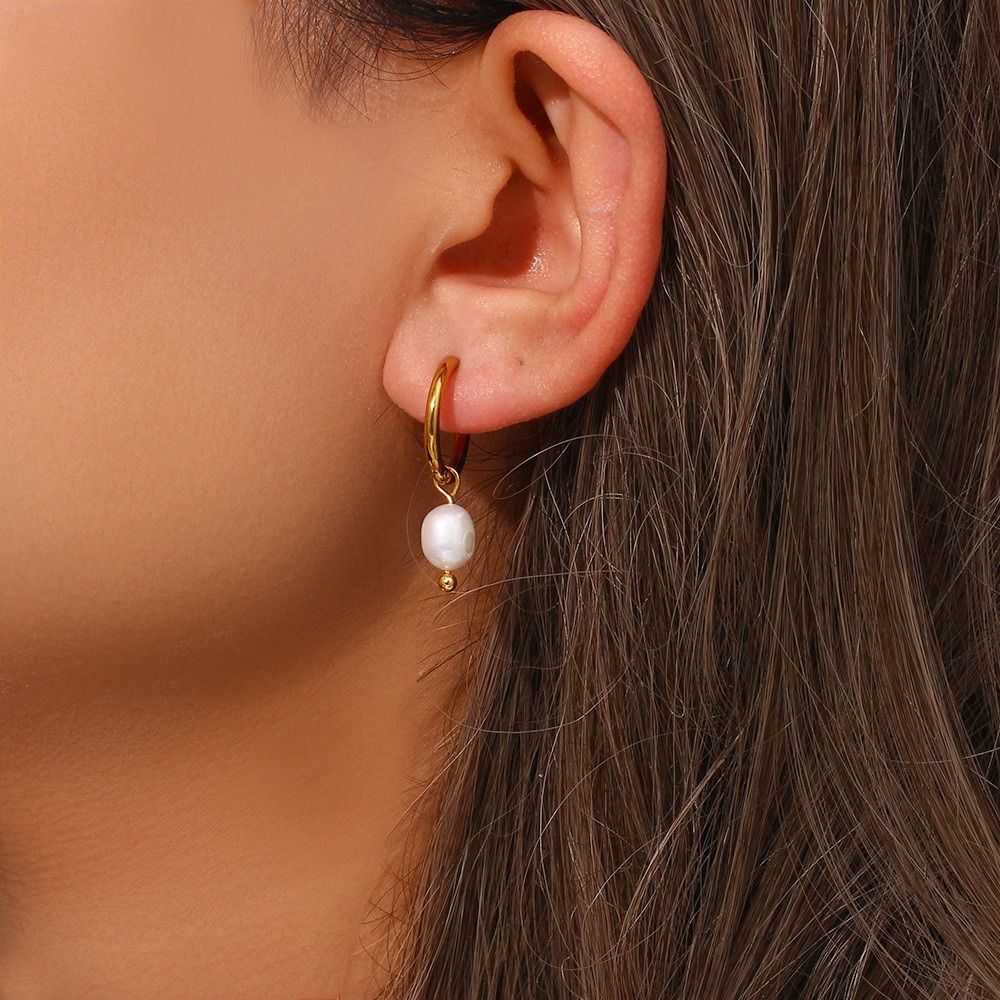 MYKI Gold Plated Pearl Drop Hoop Earrings | Anti Tarnish (MKERCH994G-SSYI)