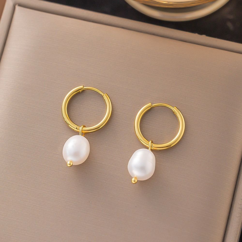 MYKI Gold Plated Pearl Drop Hoop Earrings | Anti Tarnish (MKERCH994G-SSYI)
