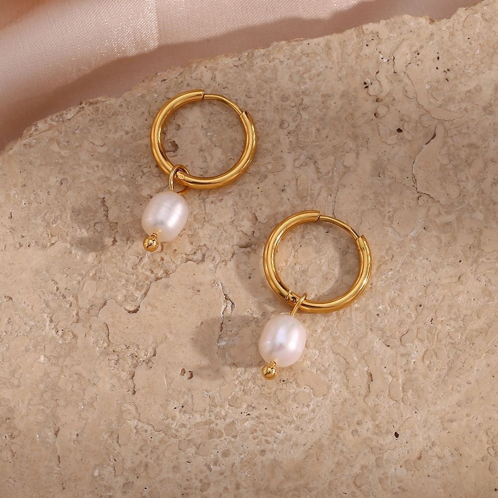 MYKI Gold Plated Pearl Drop Hoop Earrings | Anti Tarnish (MKERCH994G-SSYI)