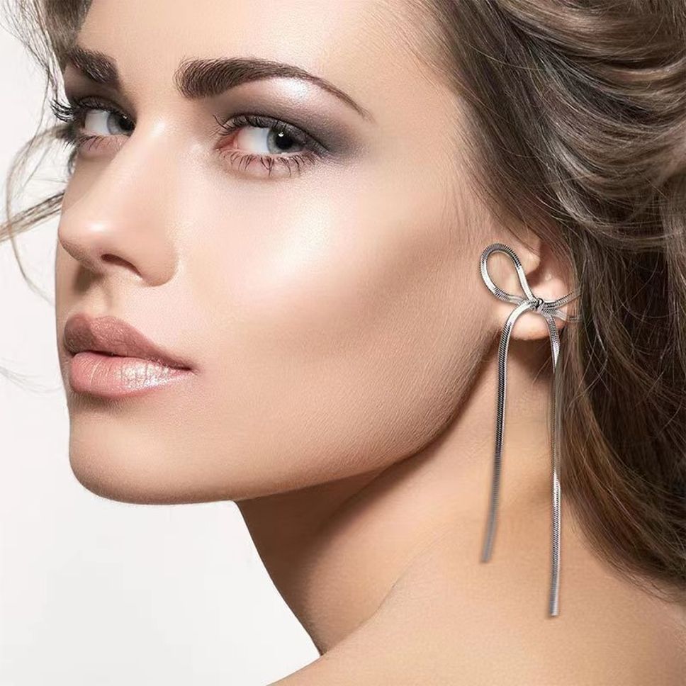 MYKI Ribbon Bow Dangle Earrings | Anti Tarnish (MKERCH995-SSYI)