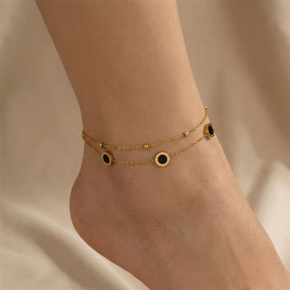 MYKI Round Disc Charm Layered Chain Style Anklet for Women – Gold & Black Color Premium Plated (MKANK702G-SSYI)