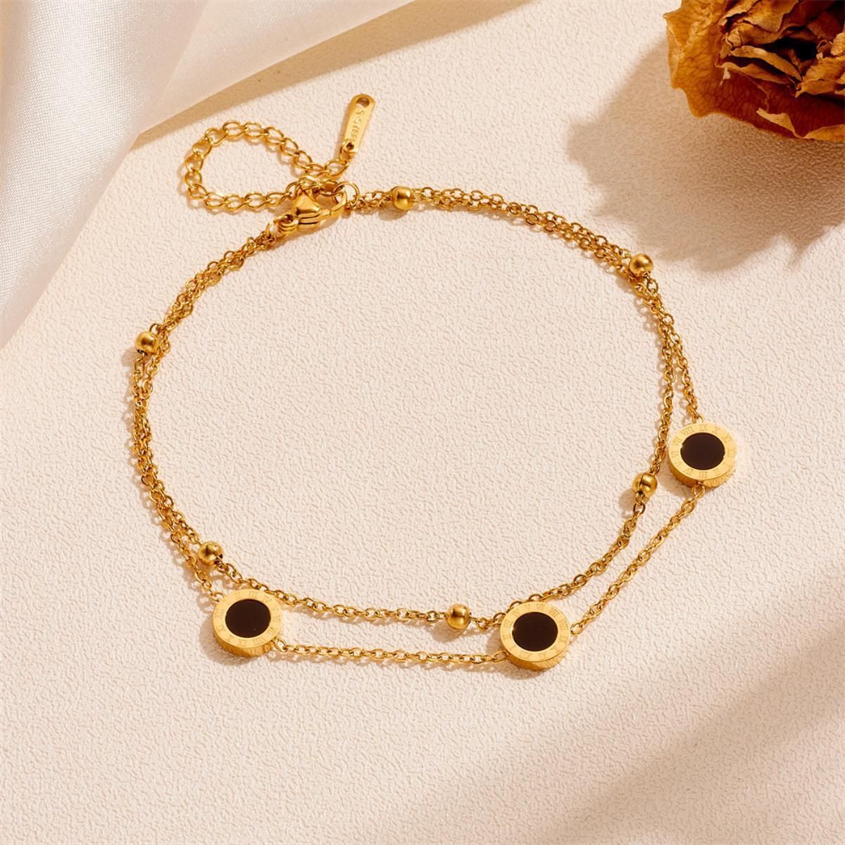 MYKI Round Disc Charm Layered Chain Style Anklet for Women – Gold & Black Color Premium Plated (MKANK702G-SSYI)