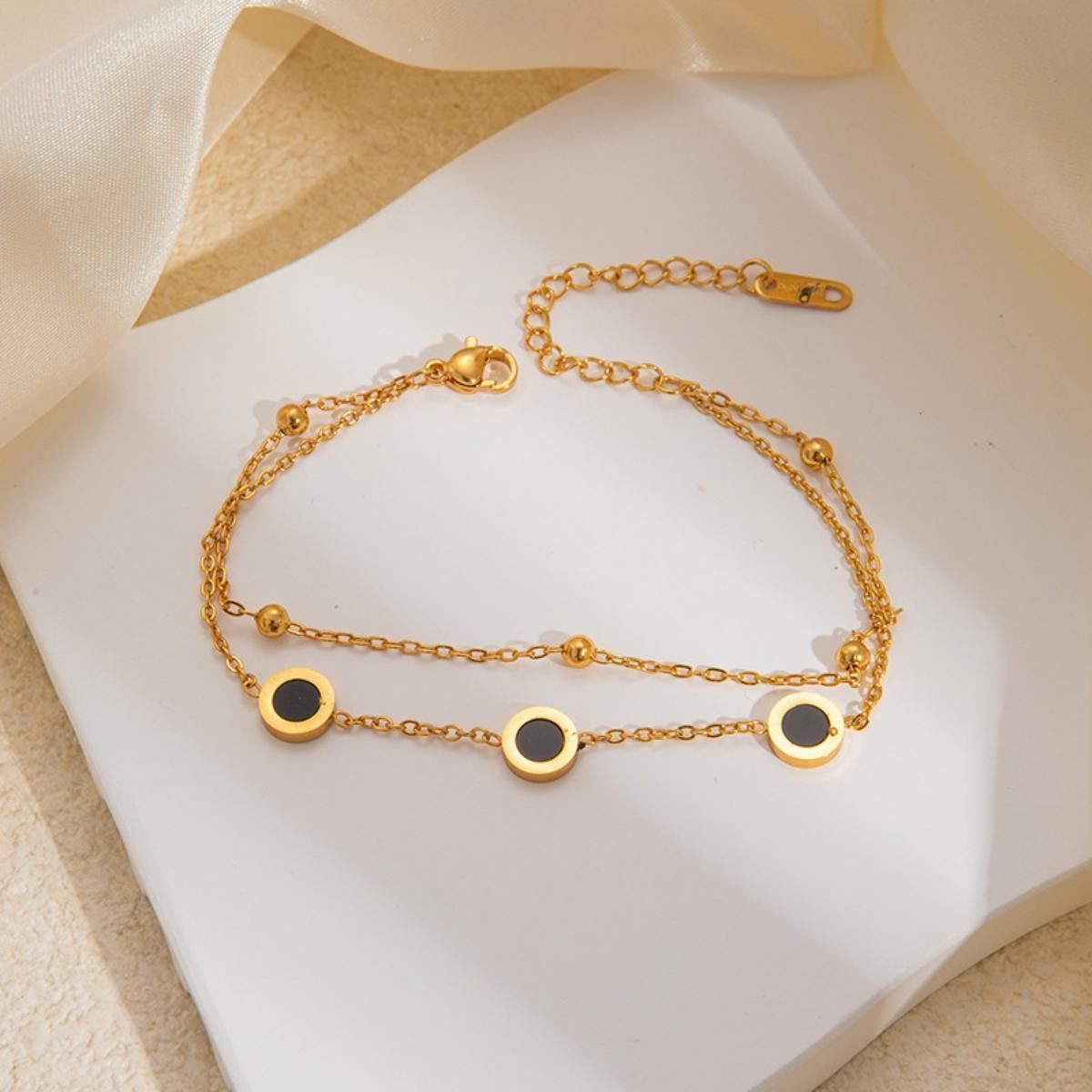MYKI Round Disc Charm Layered Chain Style Anklet for Women – Gold & Black Color Premium Plated (MKANK702G-SSYI)