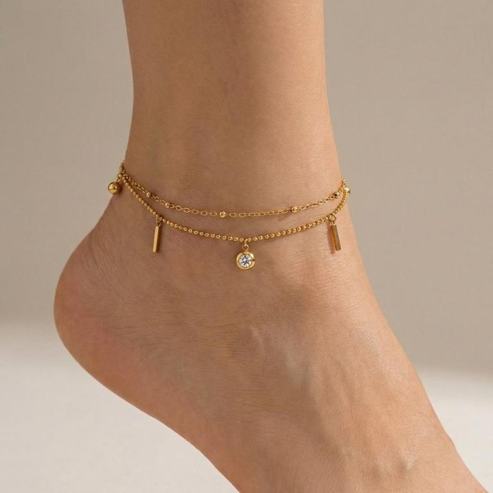 MYKI Crystal Drop Charm Double Chain Anklet for Women – Gold Color Premium Plated (MKANK706G-SSYI)