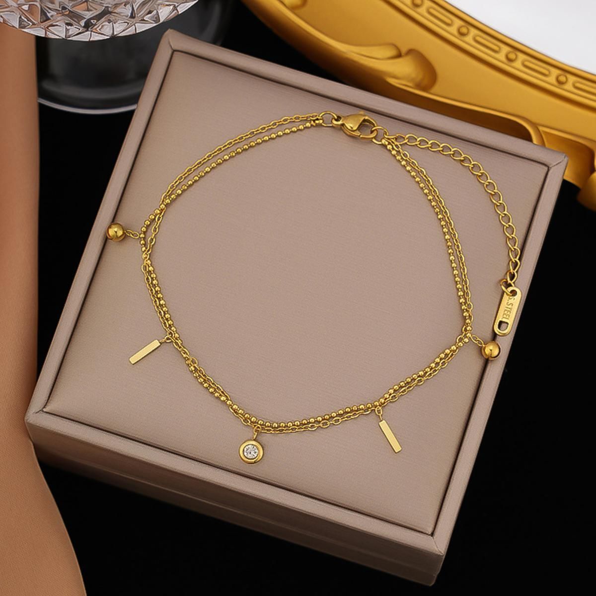 MYKI Crystal Drop Charm Double Chain Anklet for Women – Gold Color Premium Plated (MKANK706G-SSYI)