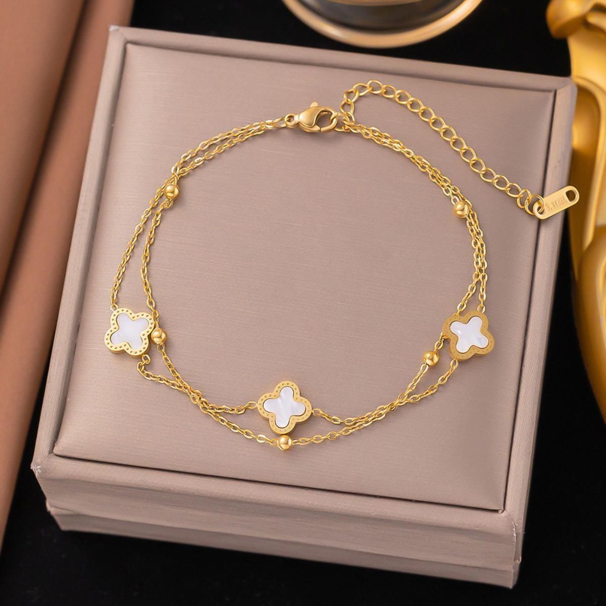 MYKI Clover Floral Shape Elegant Double Chain Anklet for Women – Gold & White Color Premium Plated (MKANK708G-SSYI)