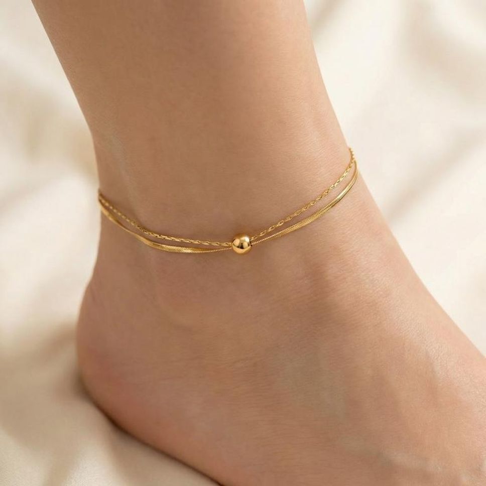 MYKI Minimal Bead Center Shape Double Chain Anklet for Women – Gold Color Premium Plated (MKANK711G-SSYI)