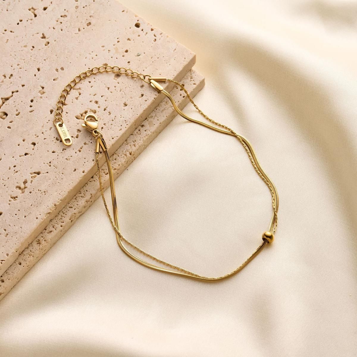 MYKI Minimal Bead Center Shape Double Chain Anklet for Women – Gold Color Premium Plated (MKANK711G-SSYI)