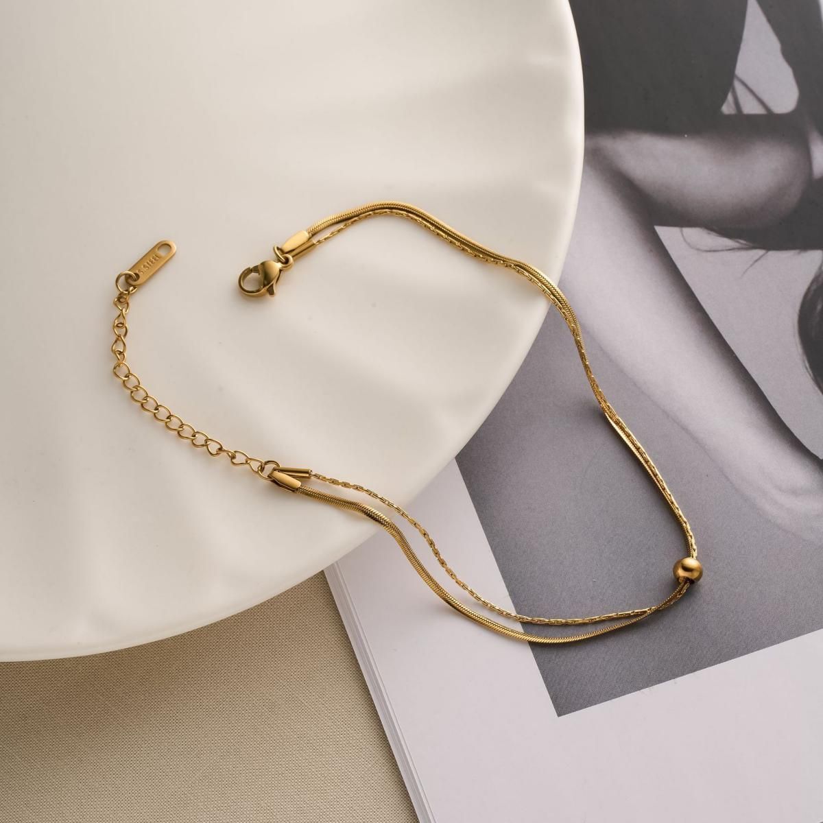MYKI Minimal Bead Center Shape Double Chain Anklet for Women – Gold Color Premium Plated (MKANK711G-SSYI)