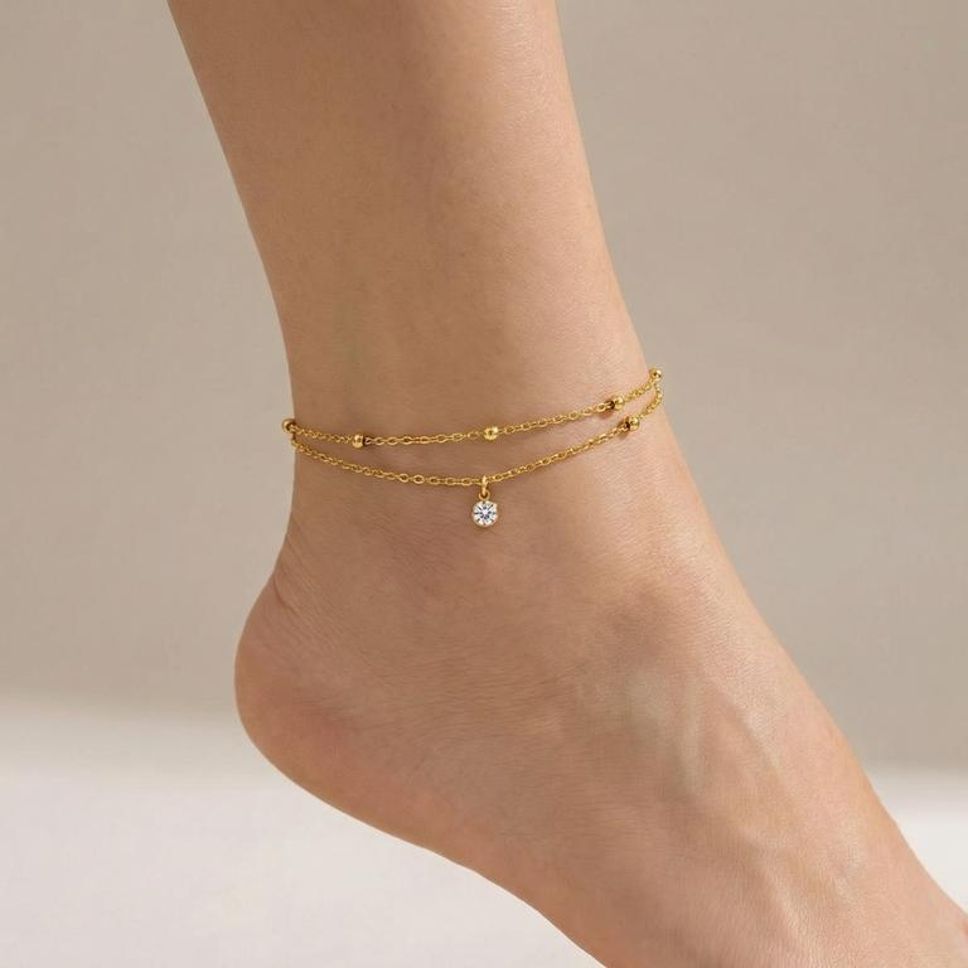MYKI Double Chain Drop Crystal Charm Anklet for Women – Gold Color Premium Plated (MKANK715G-SSYI)