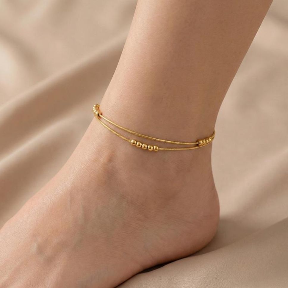 MYKI Minimal Bead Cluster Double Line Anklet for Women – Gold Color Premium Plated (MKANK718G-SSYI)