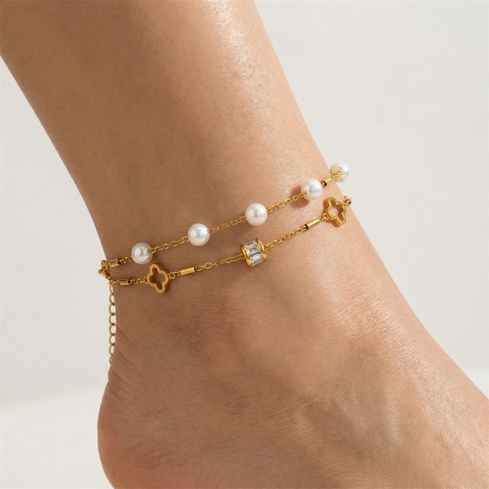MYKI Pearl & Clover Shape Layered Designer Anklet for Women – Gold & White Color Premium Plated (MKANK720G-SSYI)