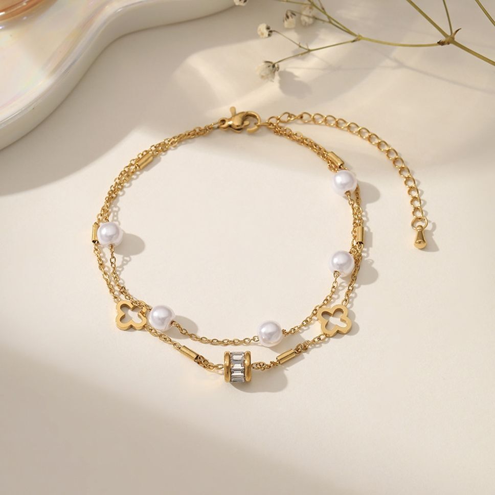 MYKI Pearl & Clover Shape Layered Designer Anklet for Women – Gold & White Color Premium Plated (MKANK720G-SSYI)