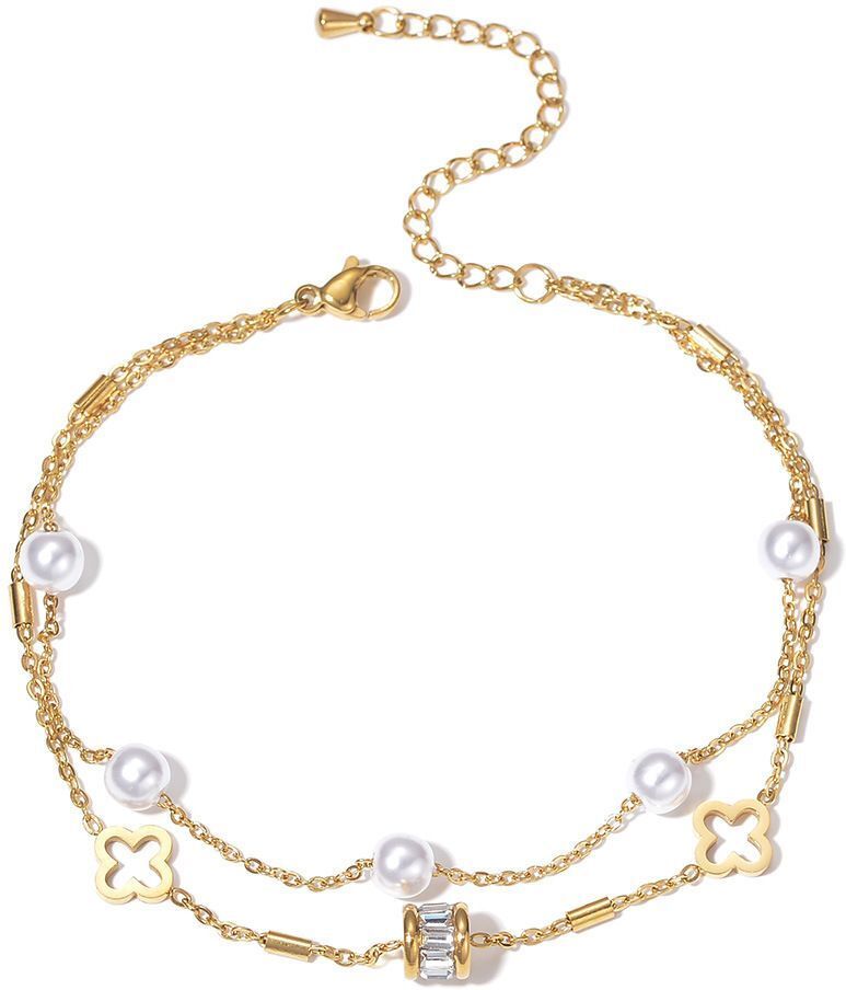 MYKI Pearl & Clover Shape Layered Designer Anklet for Women – Gold & White Color Premium Plated (MKANK720G-SSYI)