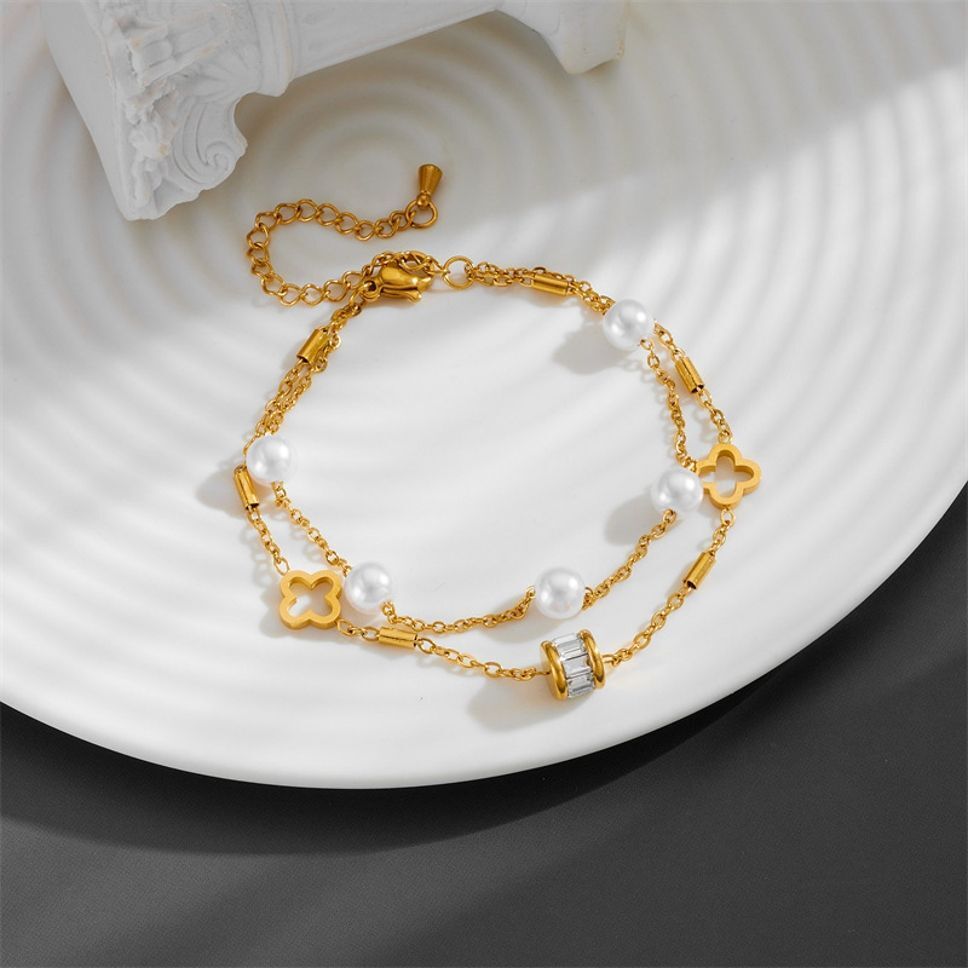 MYKI Pearl & Clover Shape Layered Designer Anklet for Women – Gold & White Color Premium Plated (MKANK720G-SSYI)