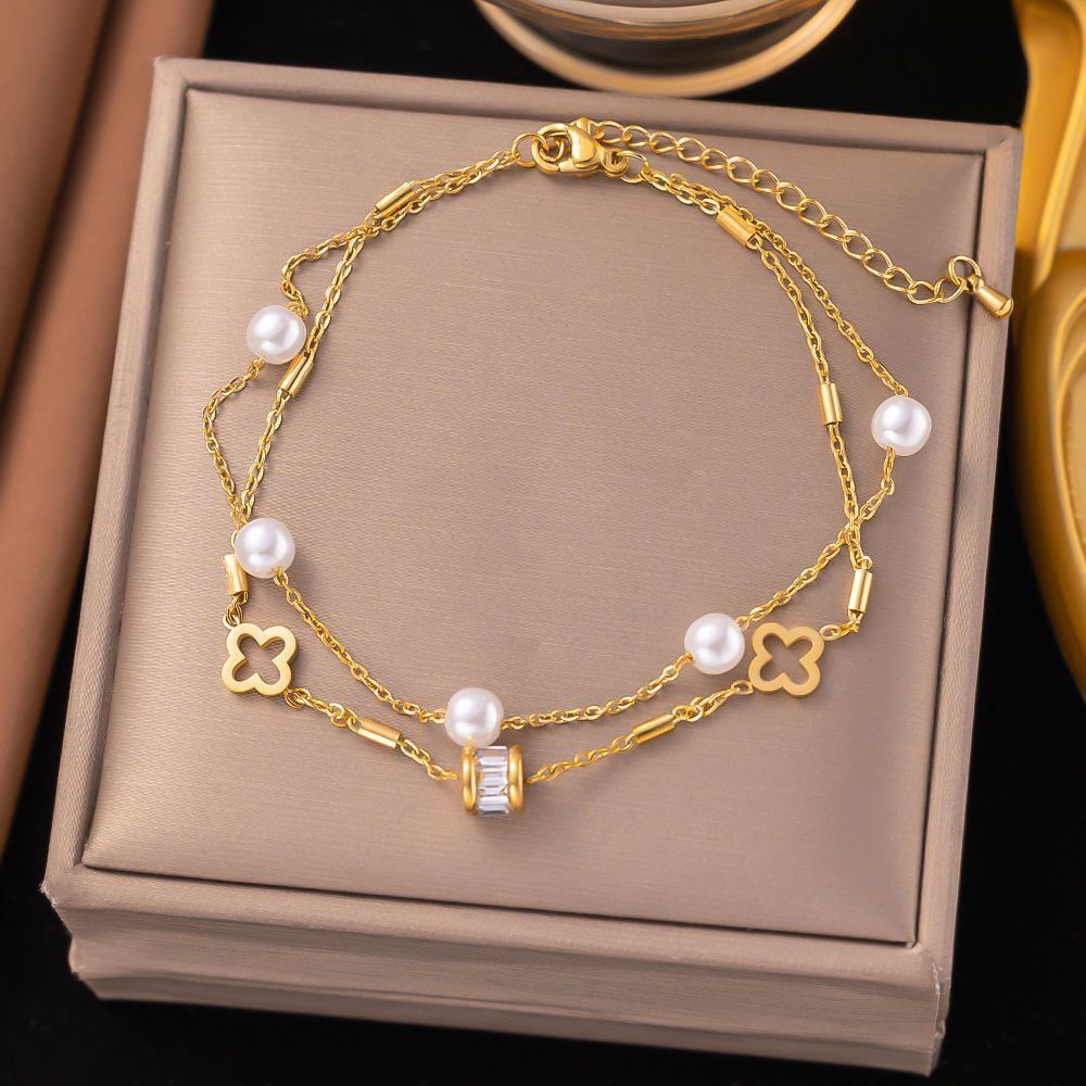 MYKI Pearl & Clover Shape Layered Designer Anklet for Women – Gold & White Color Premium Plated (MKANK720G-SSYI)