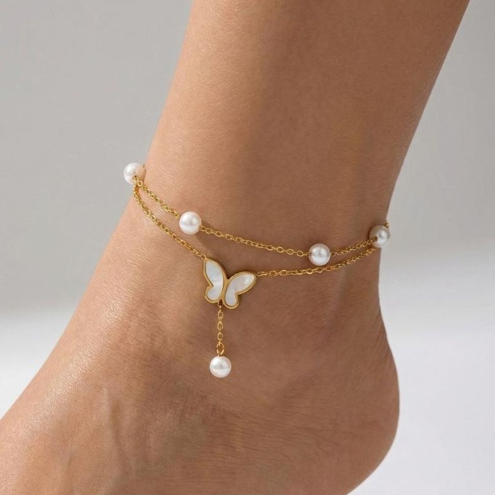 MYKI Butterfly Shape Pearl Drop Layered Anklet for Women – Gold & White Color Premium Plated (MKANK724G-SSYI)