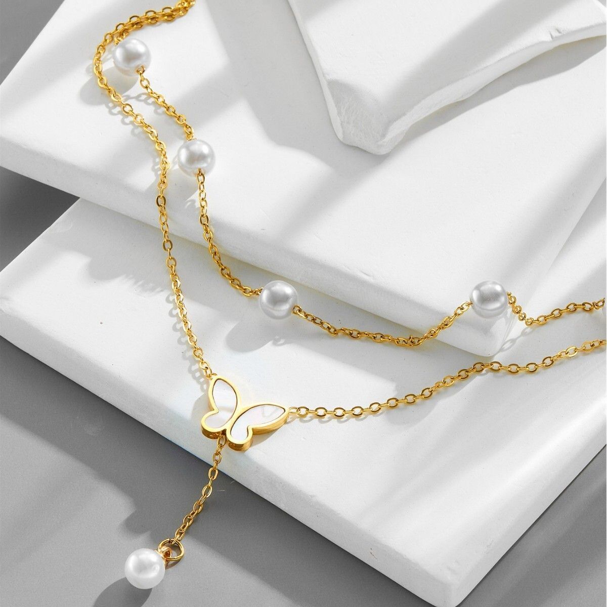 MYKI Butterfly Shape Pearl Drop Layered Anklet for Women – Gold & White Color Premium Plated (MKANK724G-SSYI)