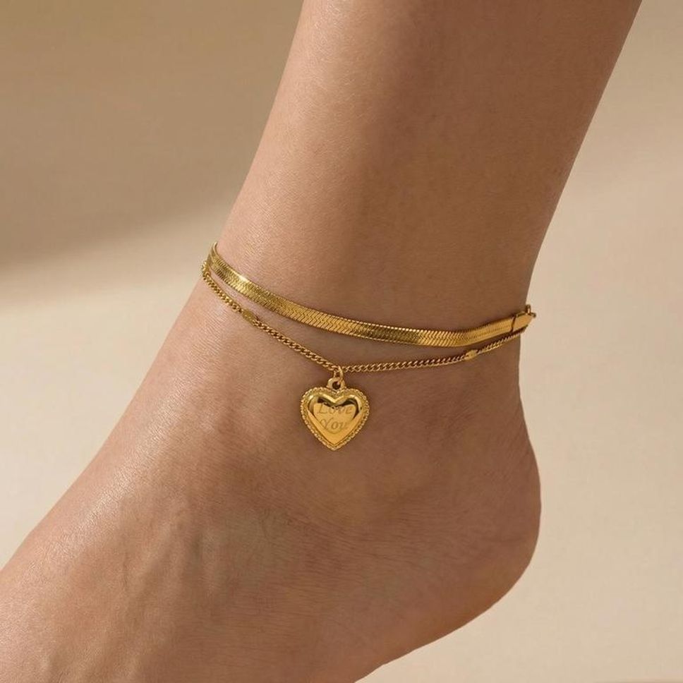 MYKI Love Engraved Heart Charm Double Layer Anklet for Women – Gold Color Premium Plated (MKANK727G-SSYI)