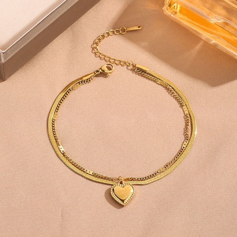 MYKI Love Engraved Heart Charm Double Layer Anklet for Women – Gold Color Premium Plated (MKANK727G-SSYI)