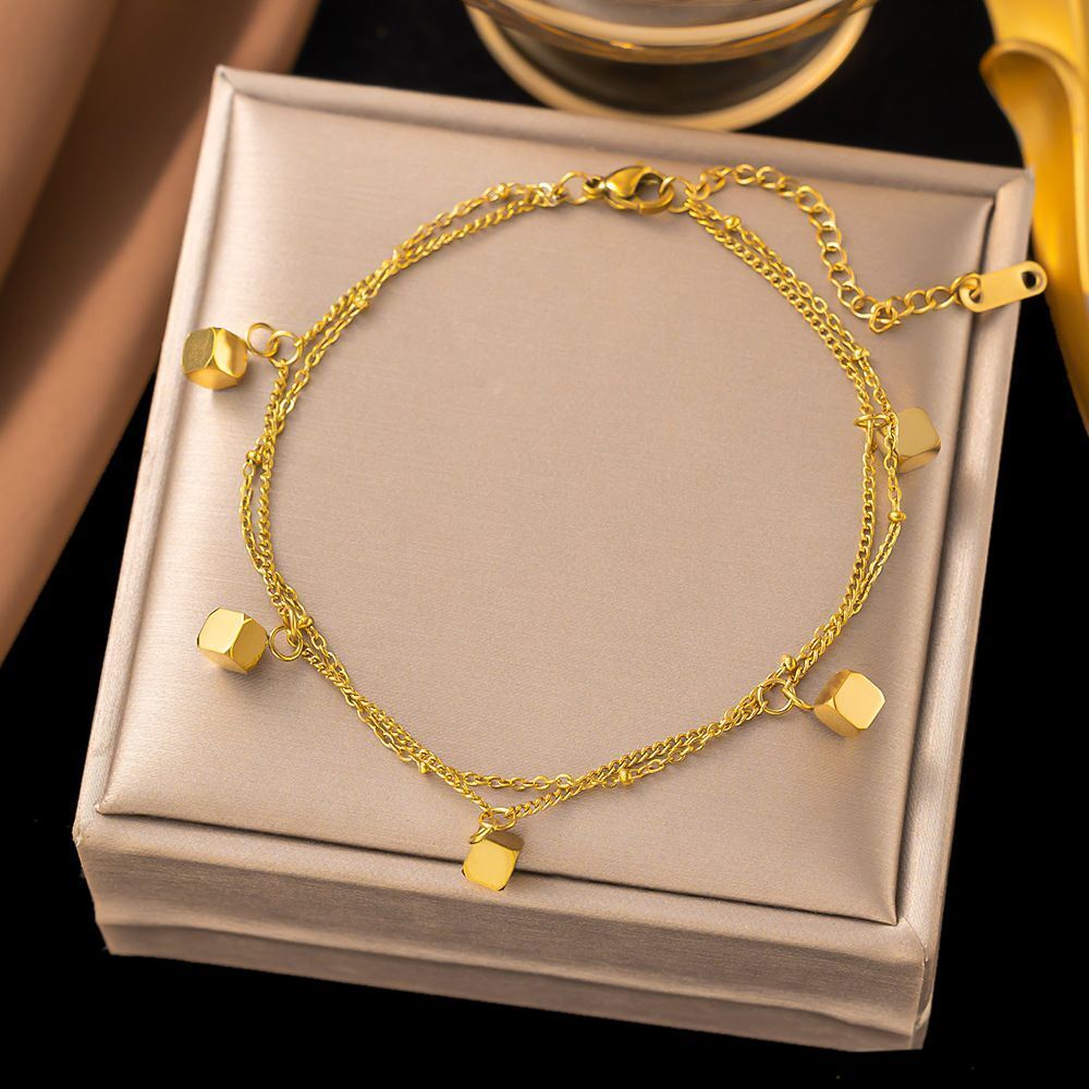 MYKI Geometric Cube Dangling Charm Layered Anklet for Women – Gold Color Premium Plated (MKANK729G-SSYI)