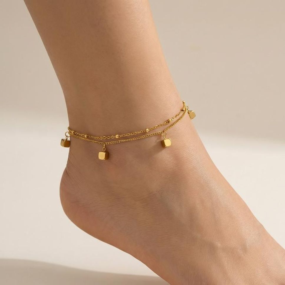 MYKI Geometric Cube Dangling Charm Layered Anklet for Women – Gold Color Premium Plated (MKANK729G-SSYI)