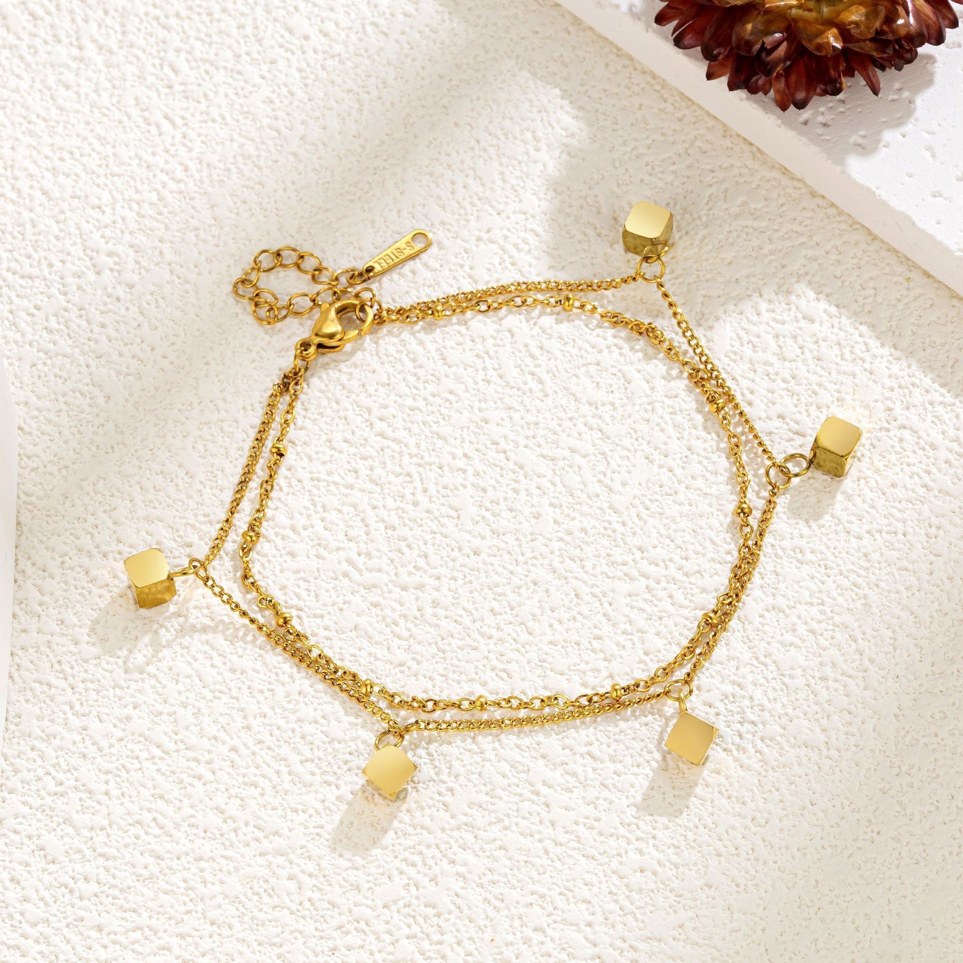 MYKI Geometric Cube Dangling Charm Layered Anklet for Women – Gold Color Premium Plated (MKANK729G-SSYI)