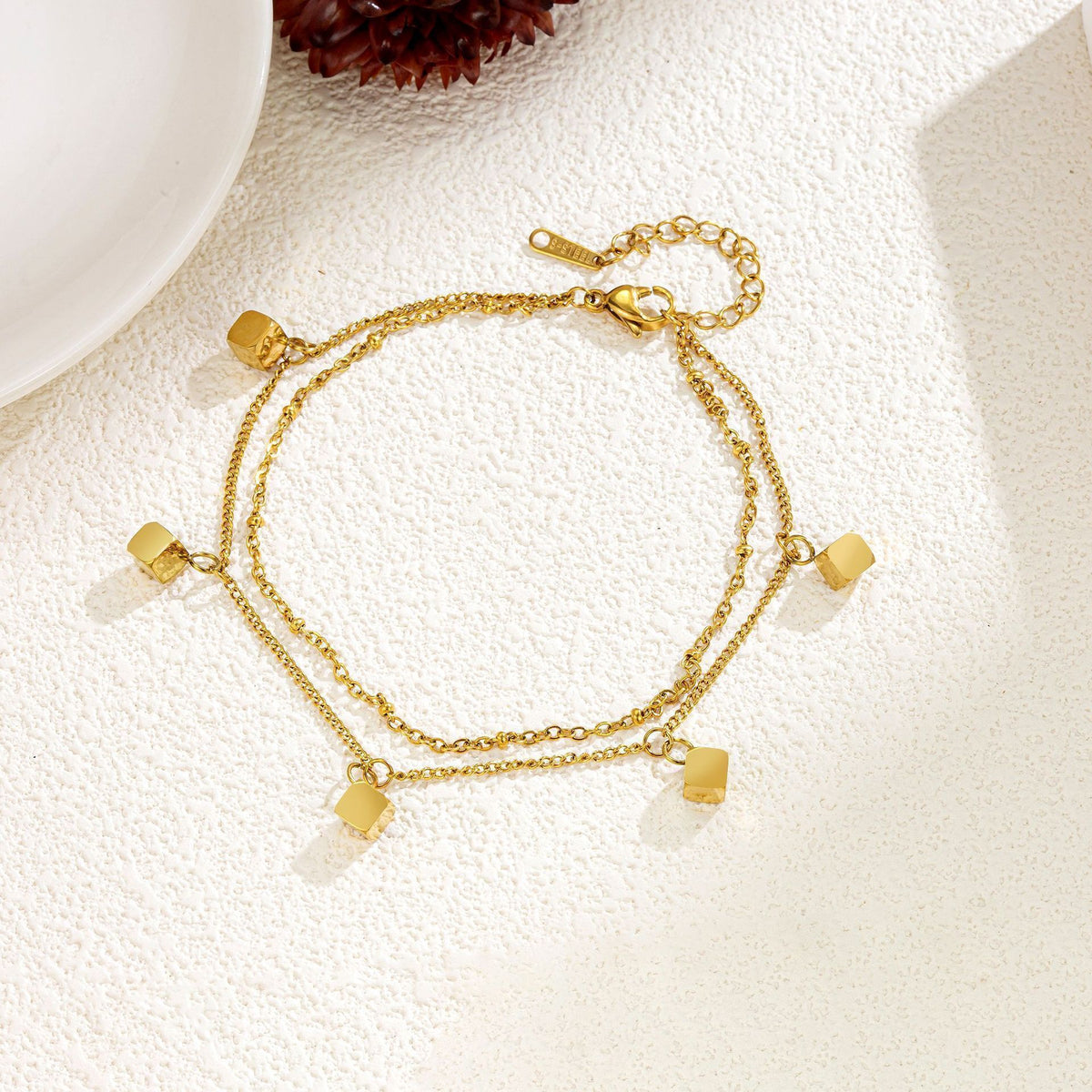 MYKI Geometric Cube Dangling Charm Layered Anklet for Women – Gold Color Premium Plated (MKANK729G-SSYI)