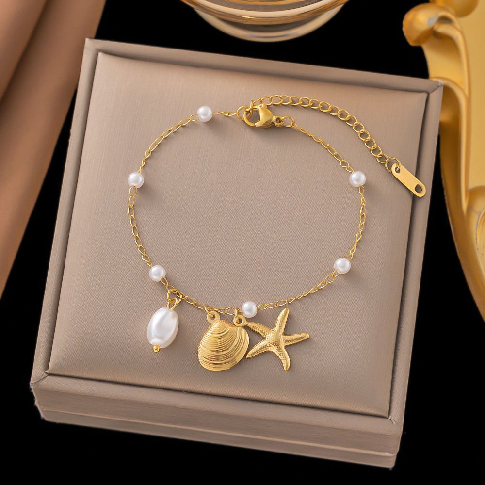 MYKI Starfish & Shell Charm Beach Style Anklet for Women – Gold Color Premium Plated (MKANK730G-SSYI)