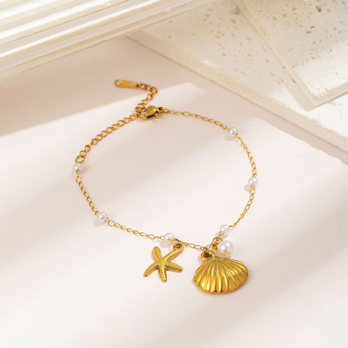 MYKI Starfish & Shell Charm Beach Style Anklet for Women – Gold Color Premium Plated (MKANK730G-SSYI)