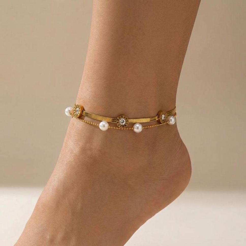 MYKI Pearl & Crystal Disc Shape Layered Anklet for Women – Gold & White Color Premium Plated (MKANK732G-SSYI)