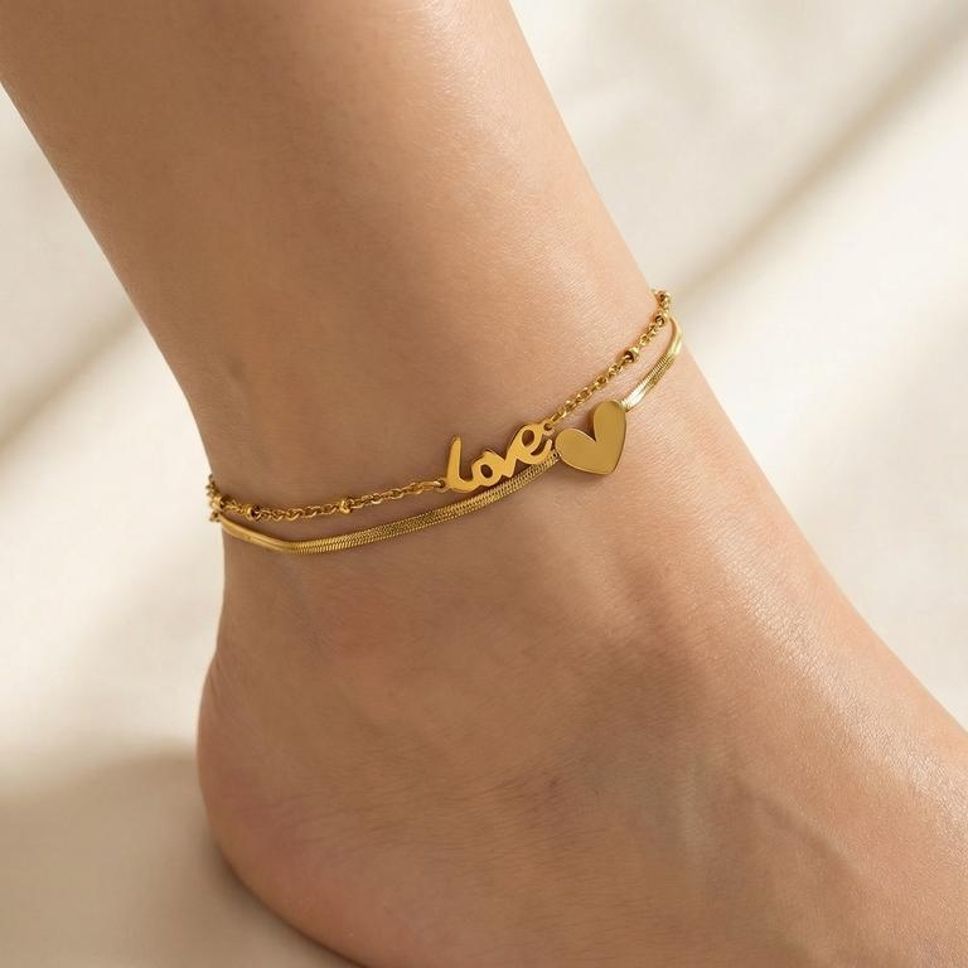 MYKI Love Script & Heart Charm Layered Anklet for Women – Gold Color Premium Plated (MKANK734G-SSYI)