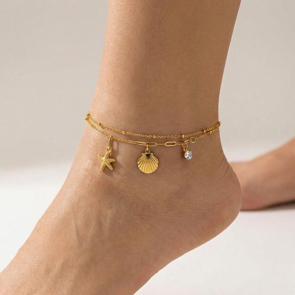 MYKI Starfish Shell Crystal Charm Beach Style Anklet for Women – Gold Color Premium Plated (MKANK736G-SSYI)
