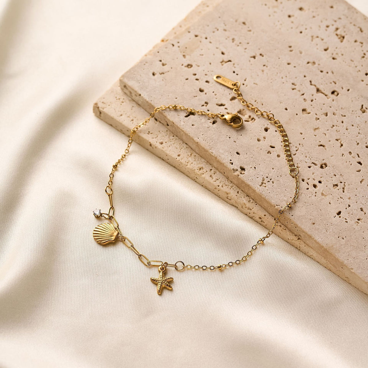 MYKI Starfish Shell & Crystal Dangling Charm Anklet for Women – Gold Color Premium Plated (MKANK737G-SSYI)