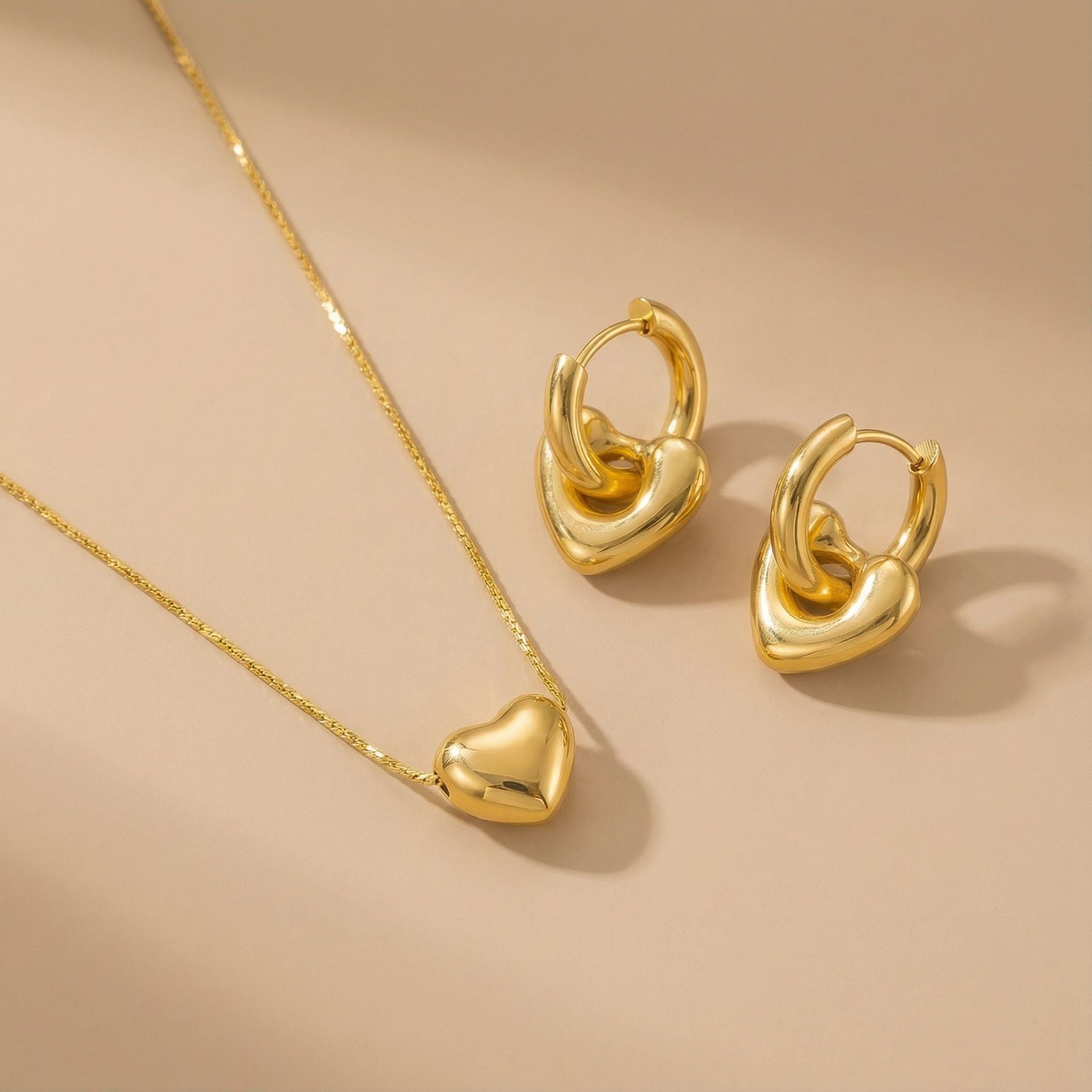Heart Shape Premium Plated Necklace & Hoop Earrings Set