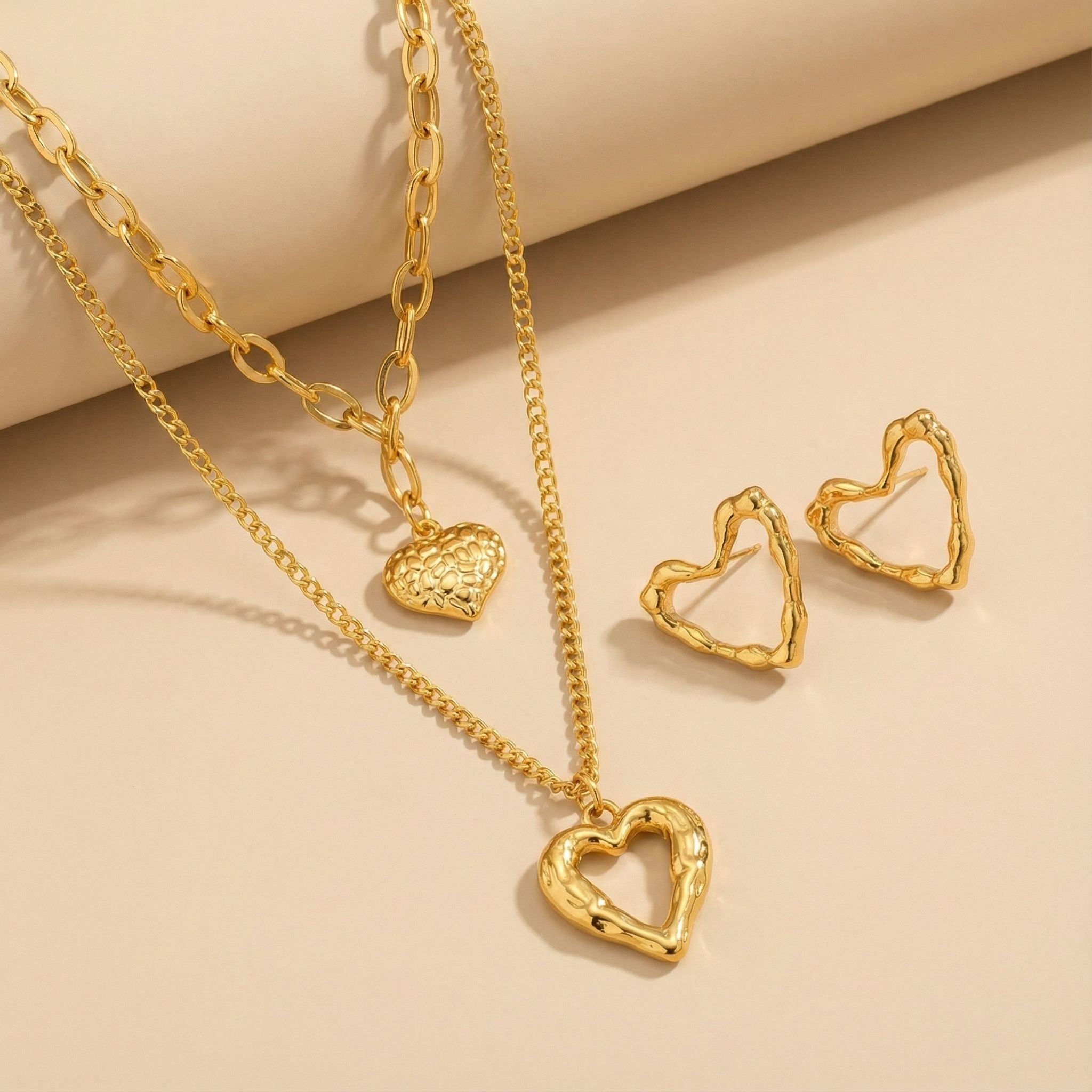 Heart Outline Premium Plated Necklace & Stud Earrings