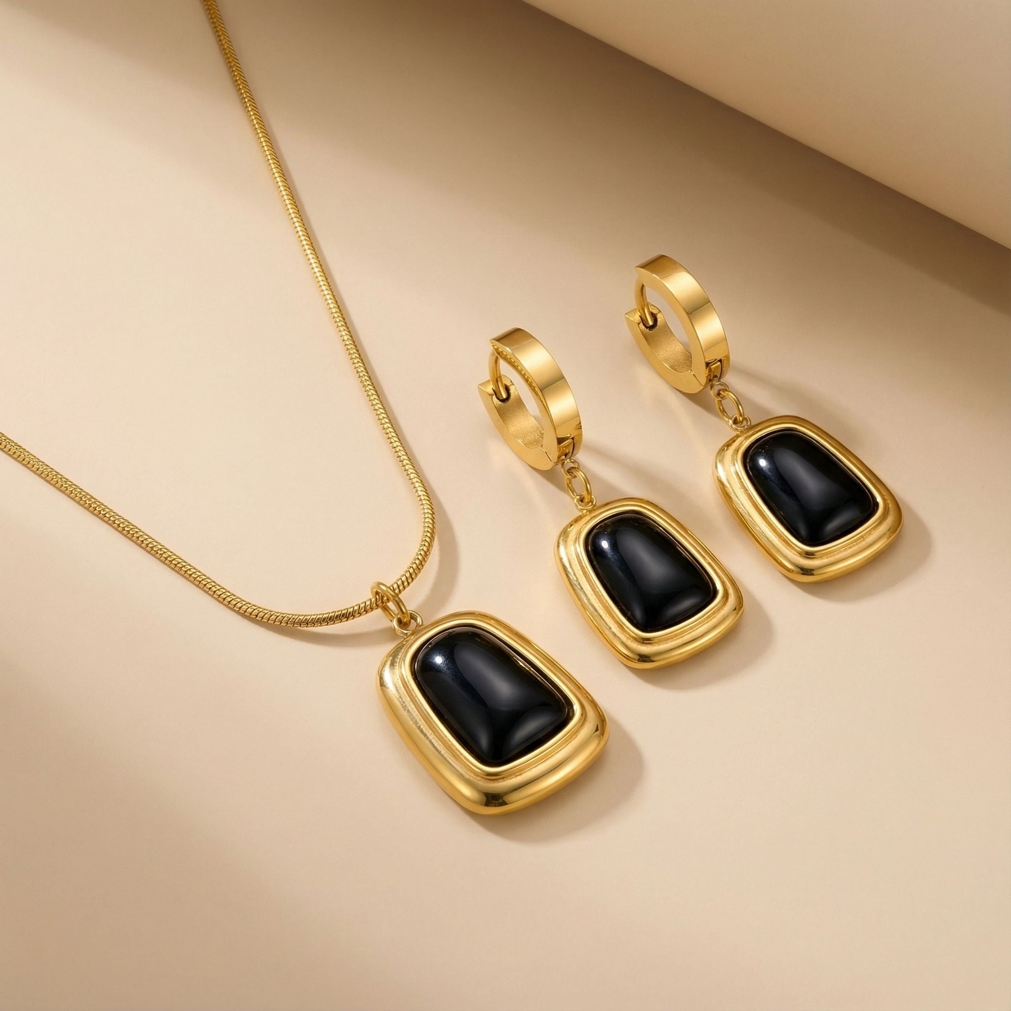 Rectangular Black Stone Premium Plated Necklace & Earrings