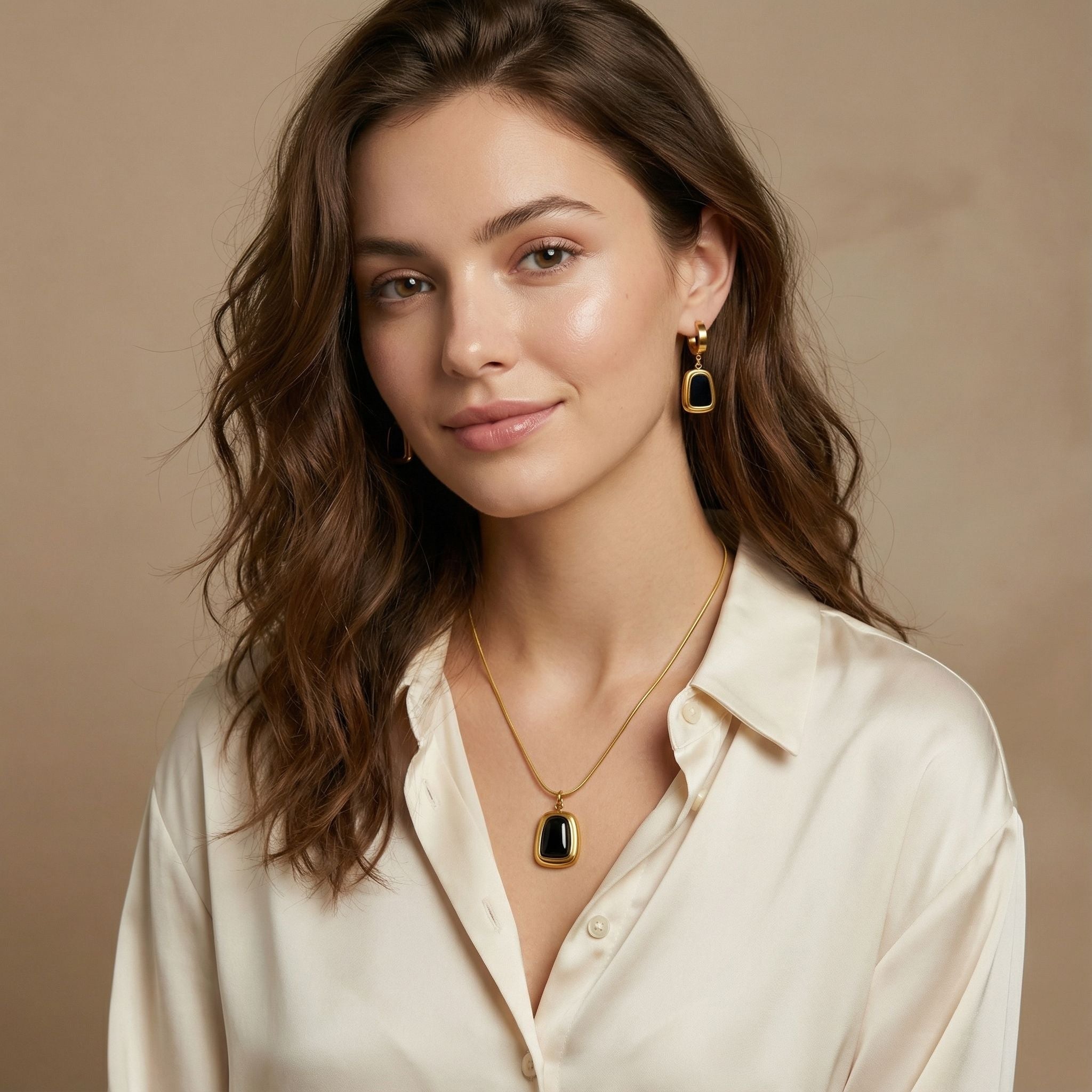 MYKI Rectangular Black Stone Premium Plated Necklace & Earrings (mkps12)